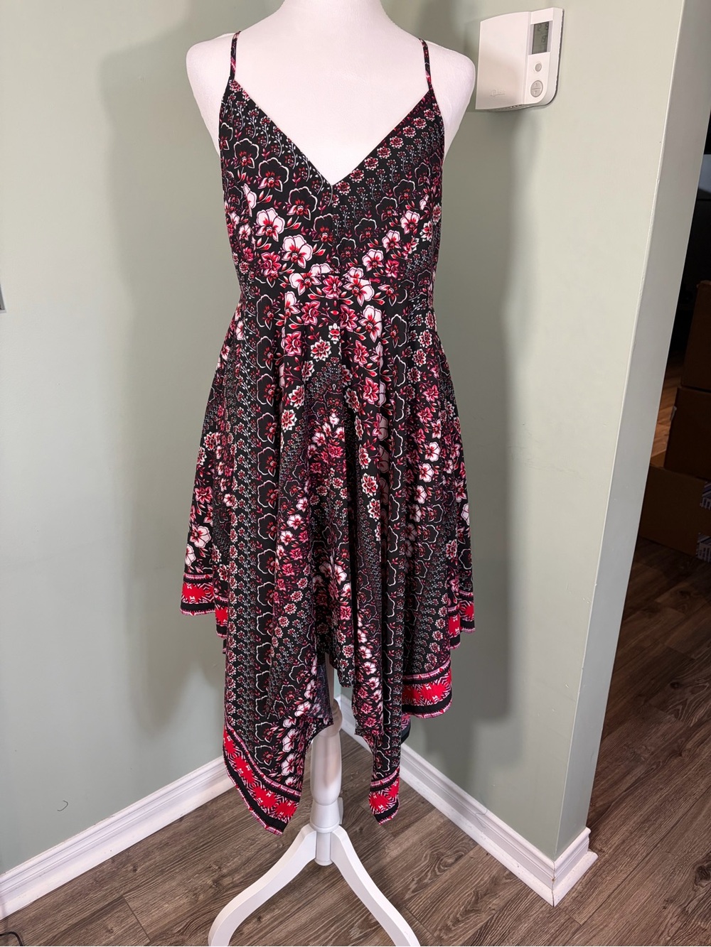 Dex Black & Pink Floral Asymmetrical Slip Dress